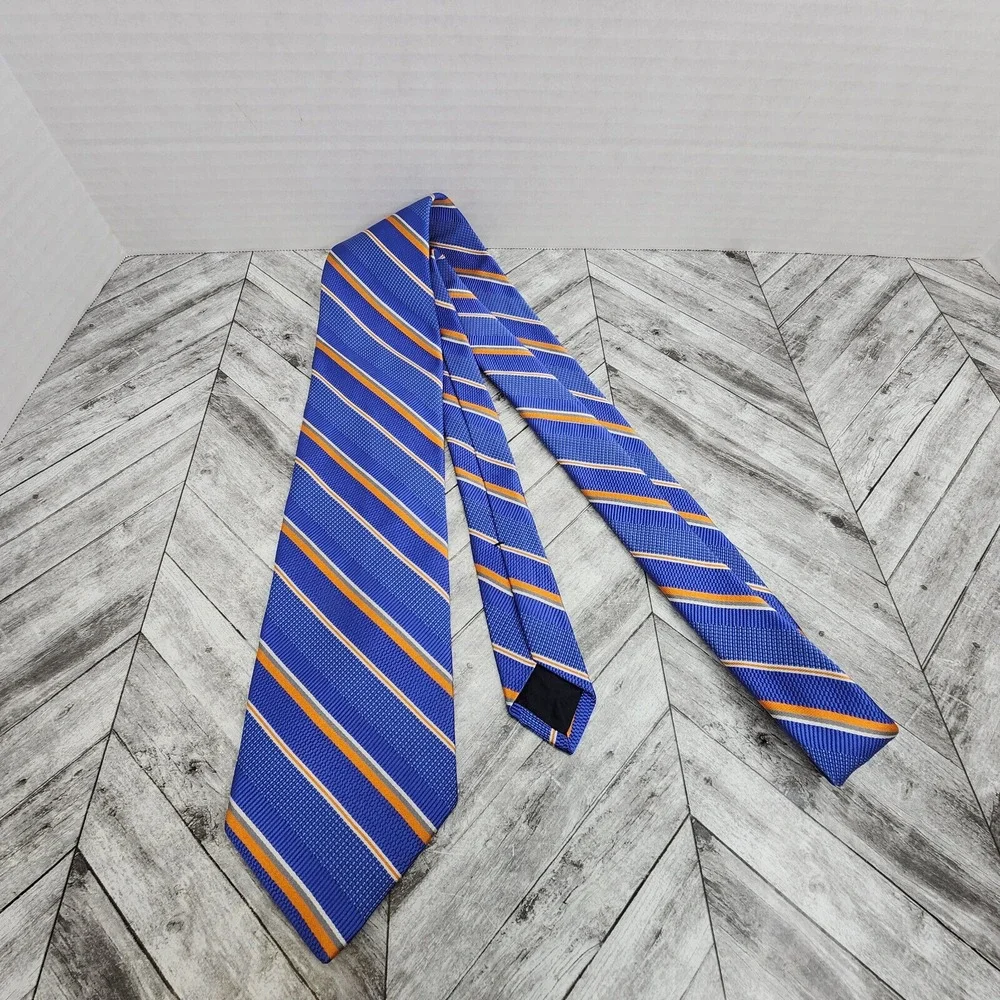 Brooks Brothers Irregular Silk Necktie Blue Orange‎ Striped Woven Men's Tie USA